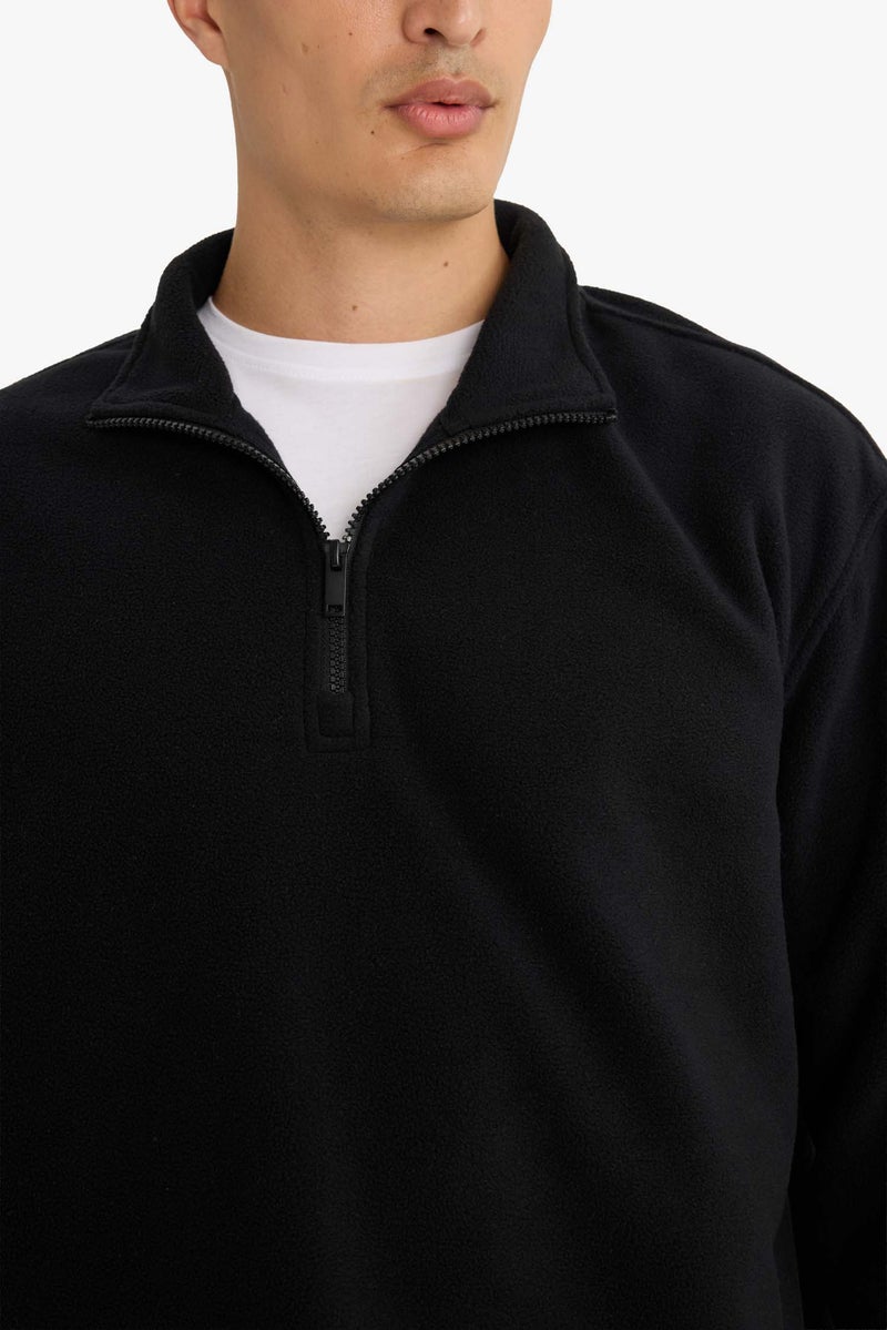 DeFacto Black Man Relax Fit Half Zippered Fleece Sweatshirt Casual - Image 5